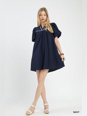 Umgee Navy Puff Sleeve Babydoll Dress Swiss Dot V-Neck Mini Dress S M L🛍️
